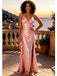 Dusty Pink Satin Spaghetti Strap V-Neck High Slit Mermaid Prom Dress,PDS118612