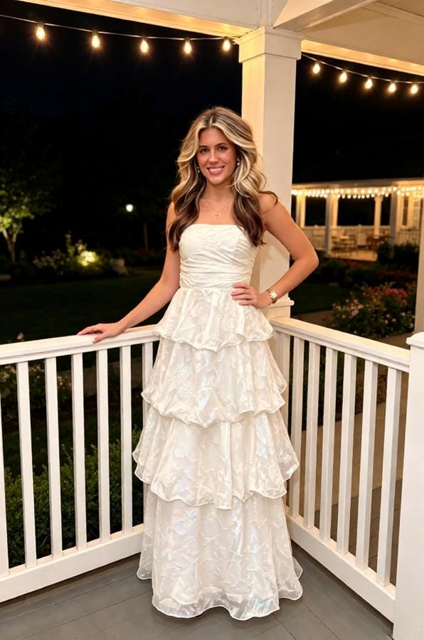 White Iridescent Ruffled Tiered Strapless A-Line Party Long Gown,PDS118614