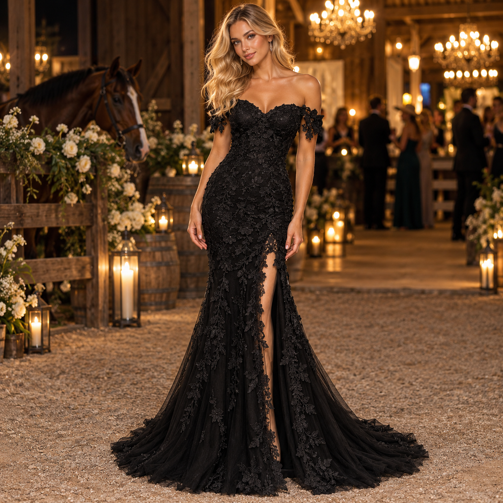 Romantic Off Shoulder 3D Floral Lace Tulle Mermaid Slit Gown,PDS118713