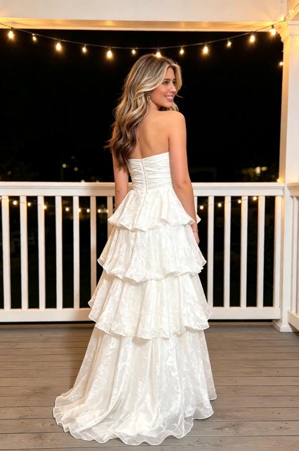 White Iridescent Ruffled Tiered Strapless A-Line Party Long Gown,PDS118614