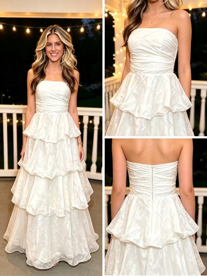 White Iridescent Ruffled Tiered Strapless A-Line Party Long Gown,PDS118614
