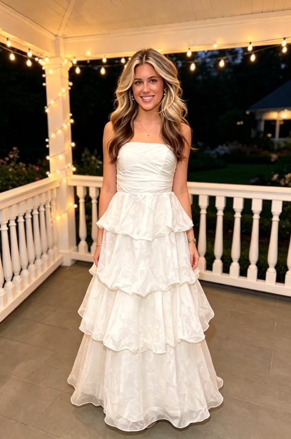 White Iridescent Ruffled Tiered Strapless A-Line Party Long Gown,PDS118614