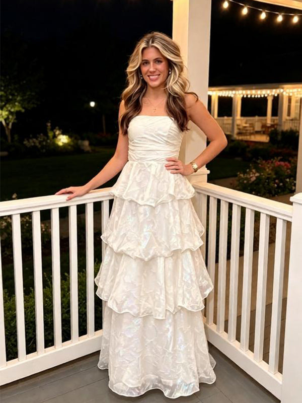 White Iridescent Ruffled Tiered Strapless A-Line Party Long Gown,PDS118614