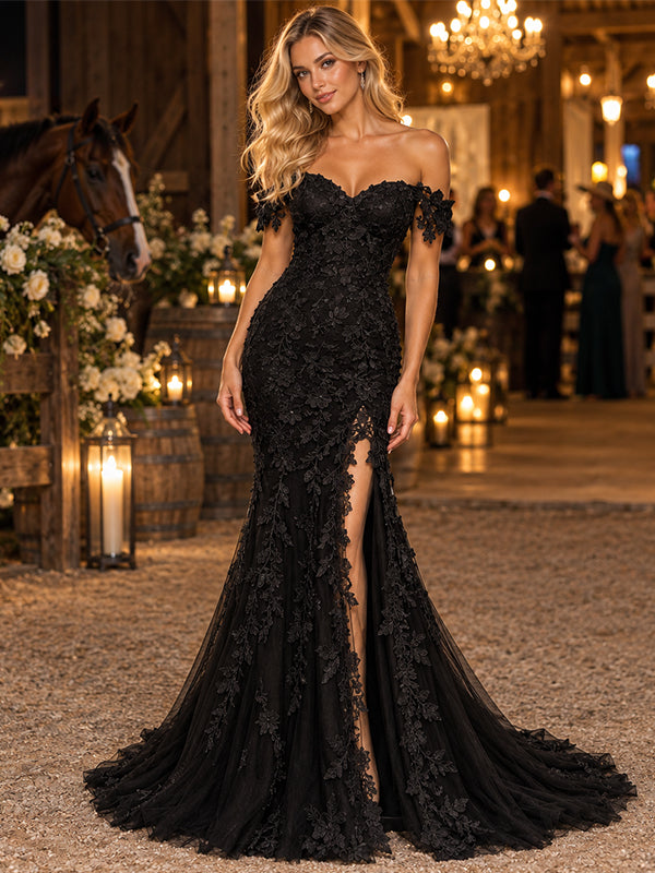 Romantic Off Shoulder 3D Floral Lace Tulle Mermaid Slit Gown,PDS118713