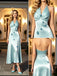 Light Blue Satin Halter Floral Sleeveless Midi Evening Prom Dress,PDS118615