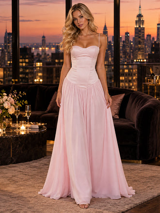 Soft Spaghetti Strap Satin Chiffon Corset A Line Long Party Dress,PDS118714