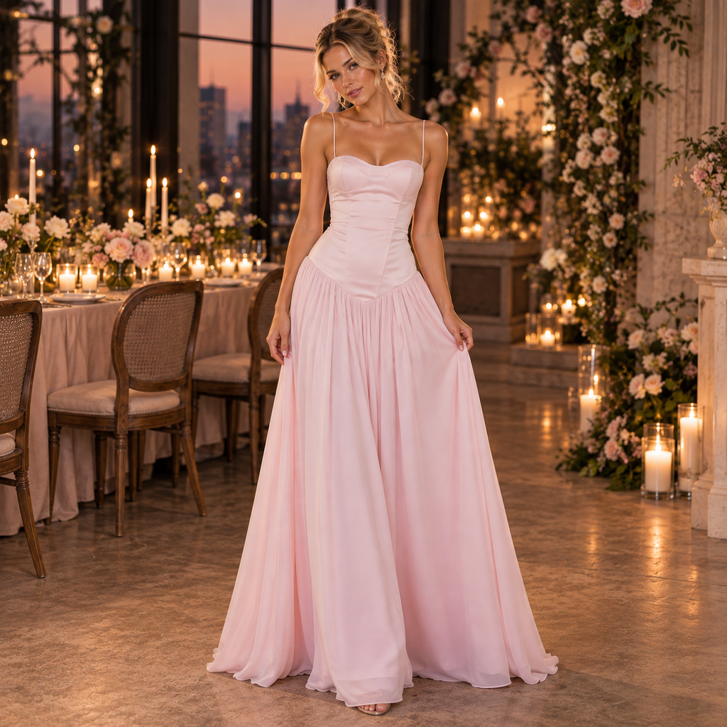 Soft Spaghetti Strap Satin Chiffon Corset A Line Long Party Dress,PDS118714