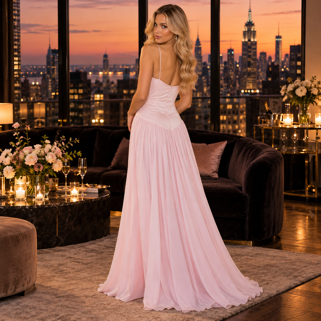Soft Spaghetti Strap Satin Chiffon Corset A Line Long Party Dress,PDS118714