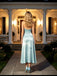 Light Blue Satin Halter Floral Sleeveless Midi Evening Prom Dress,PDS118615
