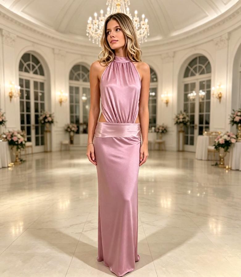 Mauve Satin Halter Cutout Sleeveless Long Formal Party Dress,PDS118616