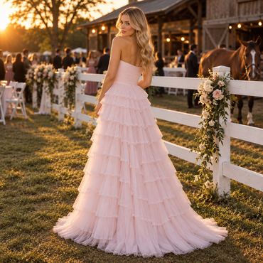 Dreamy Strapless Pleated Tulle Tiered Slit Long Bridesmaid Dress,PDS118715