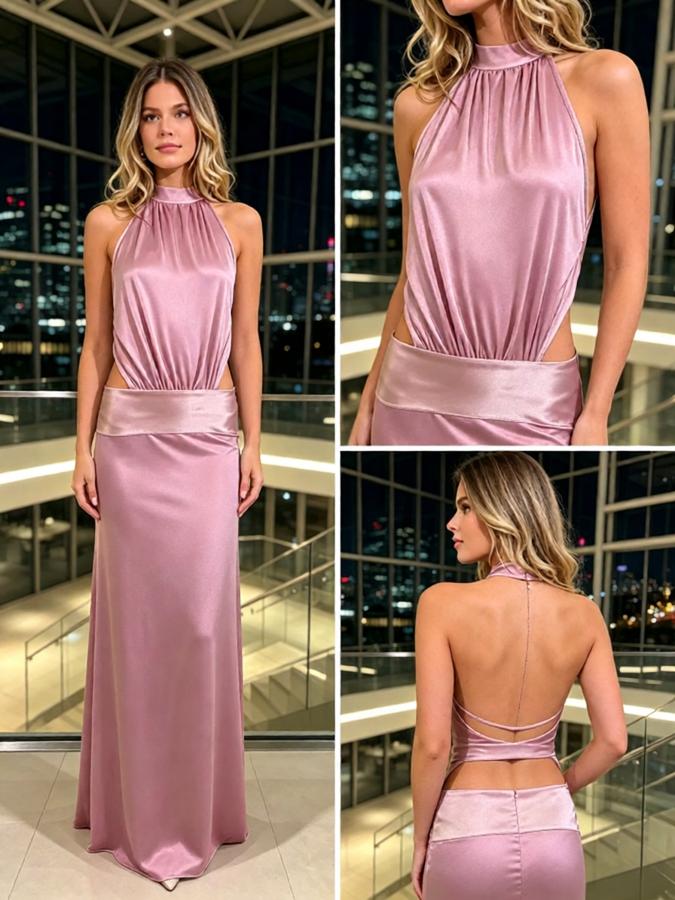 Mauve Satin Halter Cutout Sleeveless Long Formal Party Dress,PDS118616