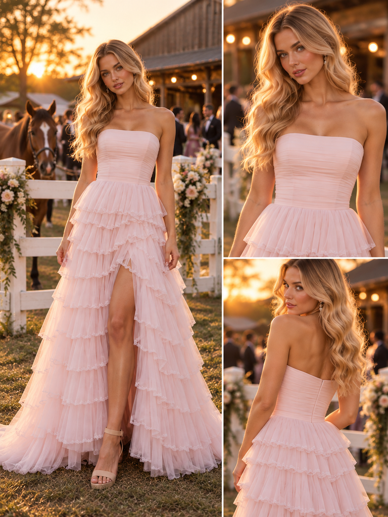 Dreamy Strapless Pleated Tulle Tiered Slit Long Bridesmaid Dress,PDS118715