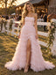 Dreamy Strapless Pleated Tulle Tiered Slit Long Bridesmaid Dress,PDS118715