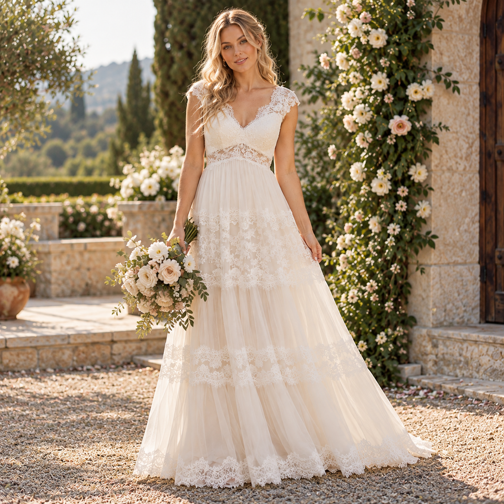 Boho V Neck Lace Trim Tiered Tulle A Line Wedding Dress For Outdoor Wedding, WD0403