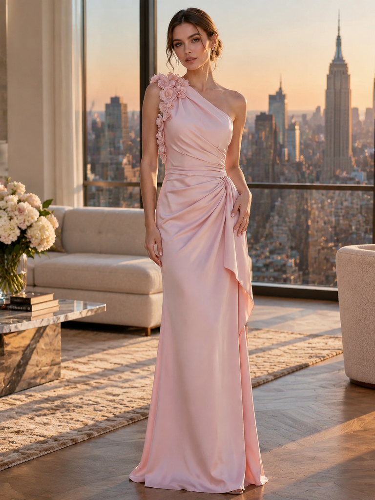 Cute Blush Pink One Shoulder 3D Floral Satin Ruched Formal Gown,PDS118815