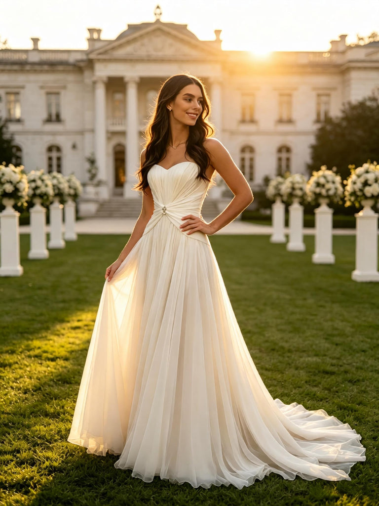 Elegant Sweetheart Pleats Sleeveless Chiffon A-Line Floor Length Wedding Dresses, WD0385
