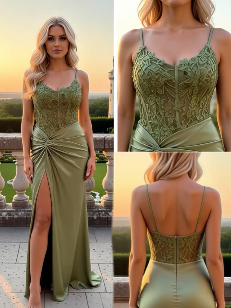 Sexy Sage Lace Top Knot Side Slit Sleeveless Mermaid Long Prom Party Dress,PDS11831