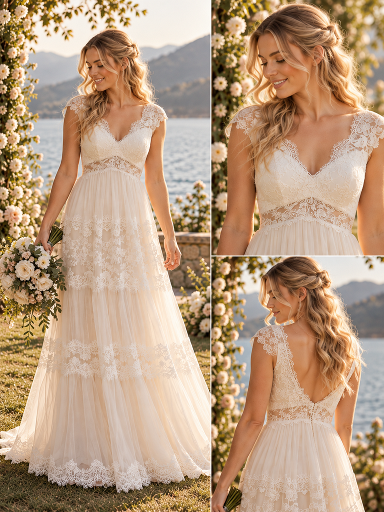 Boho V Neck Lace Trim Tiered Tulle A Line Wedding Dress For Outdoor Wedding, WD0403