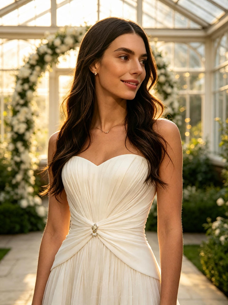 Elegant Sweetheart Pleats Sleeveless Chiffon A-Line Floor Length Wedding Dresses, WD0385