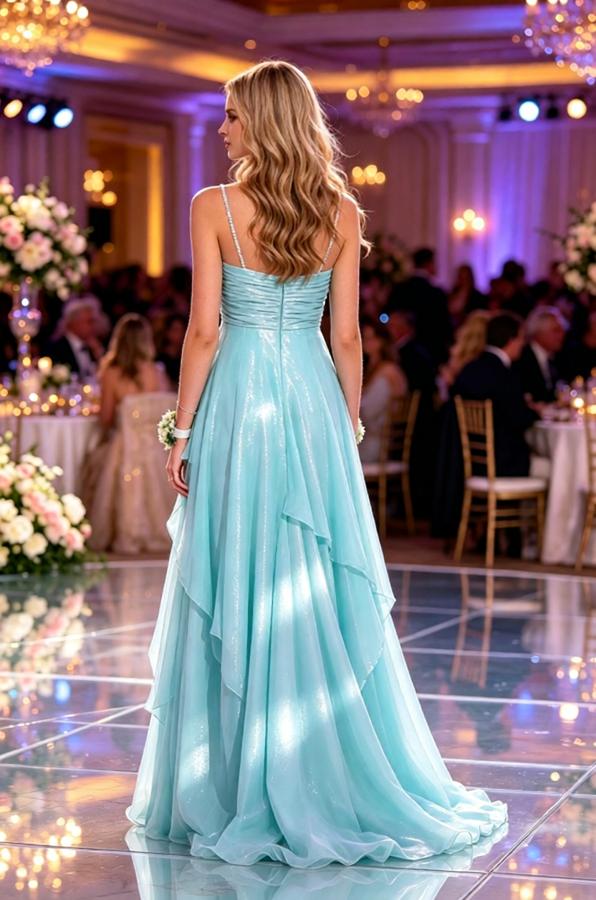 Sparkly Cyan Spaghetti Strap Ruched High Slit Flowy Prom Gown,PDS118544