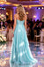 Sparkly Cyan Spaghetti Strap Ruched High Slit Flowy Prom Gown,PDS118544