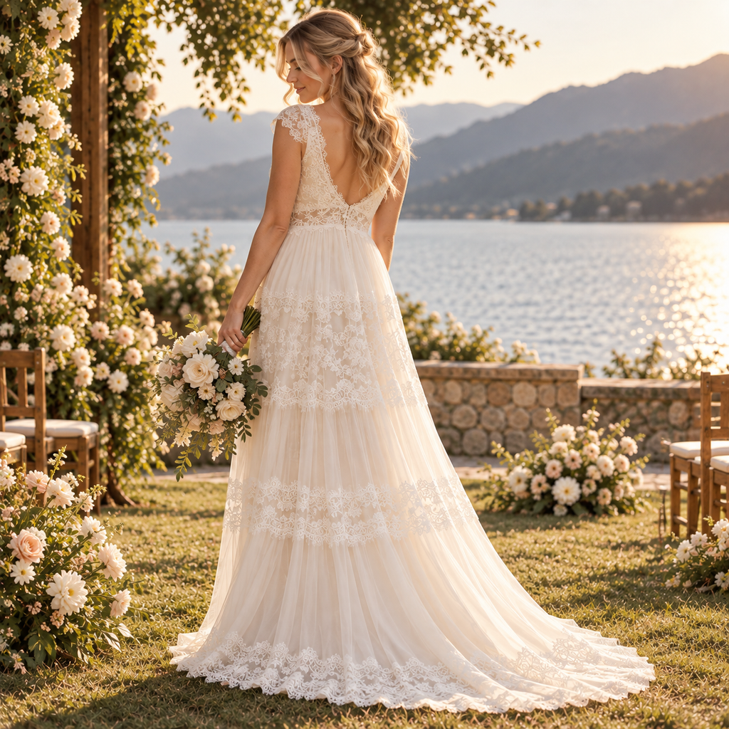 Boho V Neck Lace Trim Tiered Tulle A Line Wedding Dress For Outdoor Wedding, WD0403