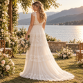 Boho V Neck Lace Trim Tiered Tulle A Line Wedding Dress For Outdoor Wedding, WD0403