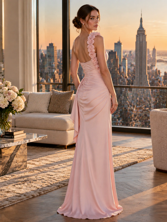 Cute Blush Pink One Shoulder 3D Floral Satin Ruched Formal Gown,PDS118815