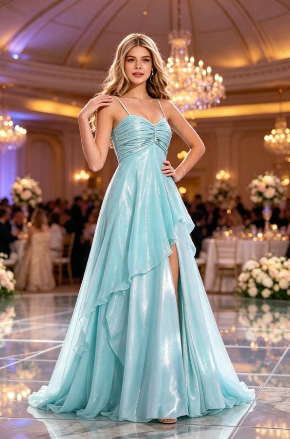 Sparkly Cyan Spaghetti Strap Ruched High Slit Flowy Prom Gown,PDS118544
