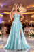 Sparkly Cyan Spaghetti Strap Ruched High Slit Flowy Prom Gown,PDS118544