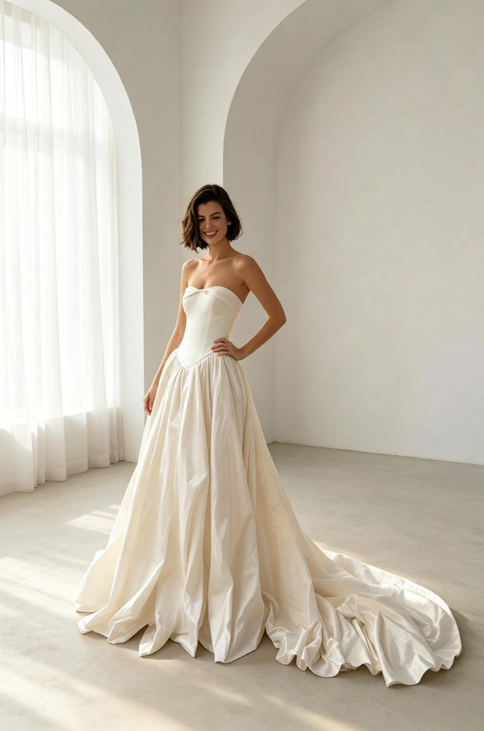 Stunning Sweetheart Strapless Satin A-Line Floor Length Long Wedding Dresses, WD0367