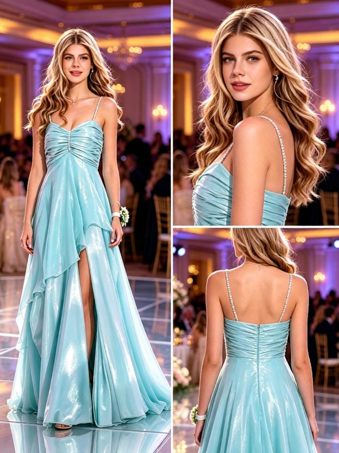 Sparkly Cyan Spaghetti Strap Ruched High Slit Flowy Prom Gown,PDS118544