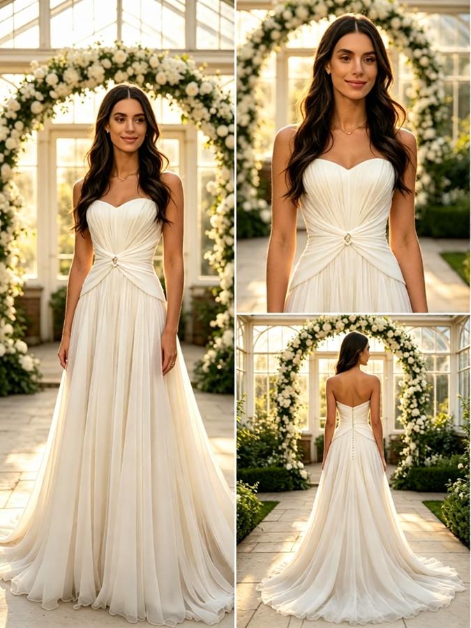 Elegant Sweetheart Pleats Sleeveless Chiffon A-Line Floor Length Wedding Dresses, WD0385