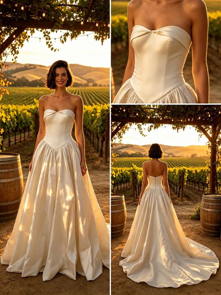 Stunning Sweetheart Strapless Satin A-Line Floor Length Long Wedding Dresses, WD0367