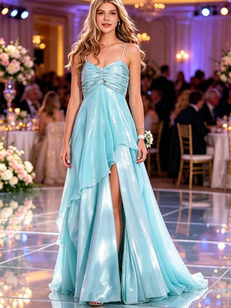 Sparkly Cyan Spaghetti Strap Ruched High Slit Flowy Prom Gown,PDS118544