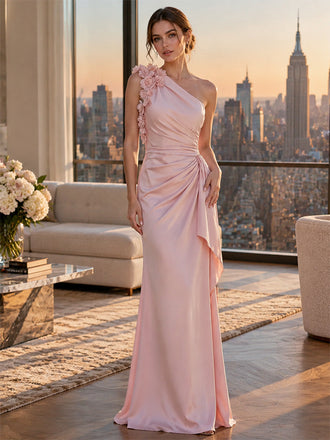 Cute Blush Pink One Shoulder 3D Floral Satin Ruched Formal Gown,PDS118815
