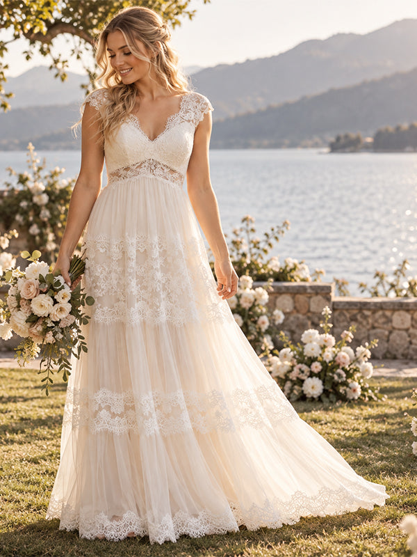 Boho V Neck Lace Trim Tiered Tulle A Line Wedding Dress For Outdoor Wedding, WD0403