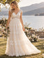 Boho V Neck Lace Trim Tiered Tulle A Line Wedding Dress For Outdoor Wedding, WD0403