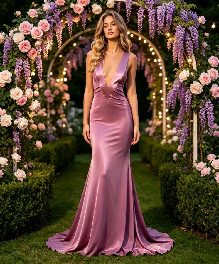 Dusty Purple Satin Deep V Sleeveless Mermaid Long Prom Evening Dress,PDS118607