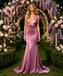 Dusty Purple Satin Deep V Sleeveless Mermaid Long Prom Evening Dress,PDS118607