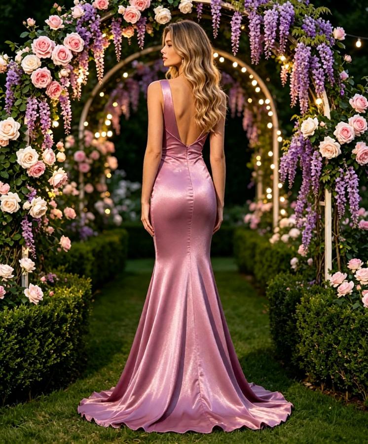 Dusty Purple Satin Deep V Sleeveless Mermaid Long Prom Evening Dress,PDS118607