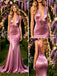 Dusty Purple Satin Deep V Sleeveless Mermaid Long Prom Evening Dress,PDS118607
