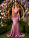 Dusty Purple Satin Deep V Sleeveless Mermaid Long Prom Evening Dress,PDS118607
