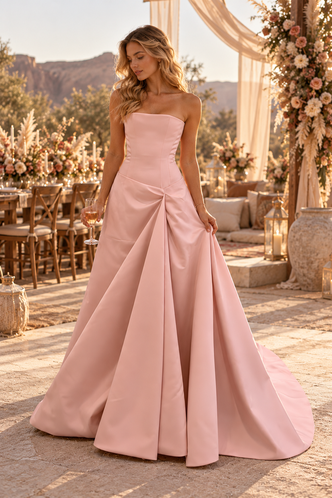 Luxury Strapless Satin Draped A-Line Long Evening Prom Dress,PDS118717
