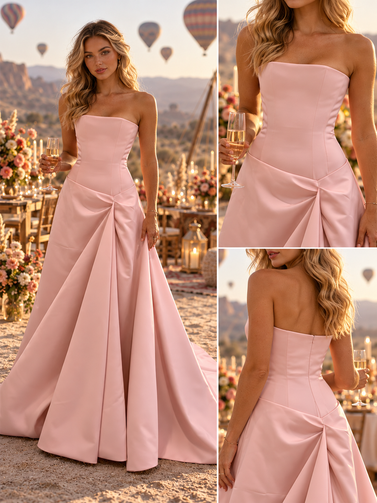 Luxury Strapless Satin Draped A-Line Long Evening Prom Dress,PDS118717
