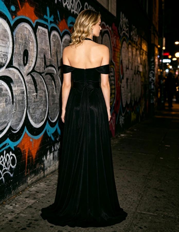 Black Satin Halter Off Shoulder Slit A-Line Long Evening Party Dress,PDS118618