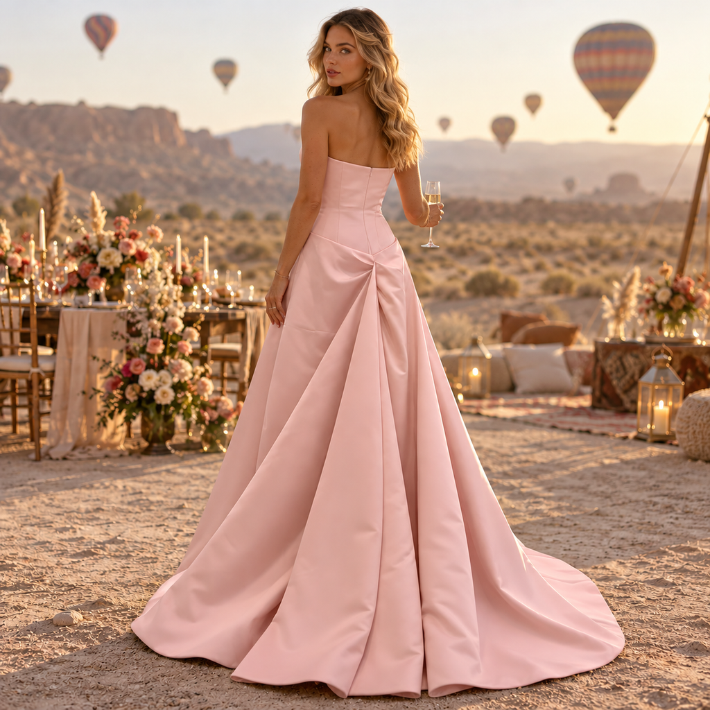 Luxury Strapless Satin Draped A-Line Long Evening Prom Dress,PDS118717