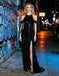 Black Satin Halter Off Shoulder Slit A-Line Long Evening Party Dress,PDS118618