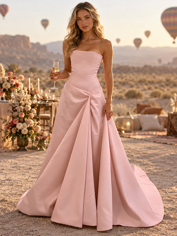 Luxury Strapless Satin Draped A-Line Long Evening Prom Dress,PDS118717